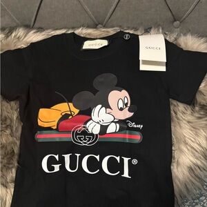 Gucci Black Kids Tee with Mickey Mouse and Red-Green Stripe